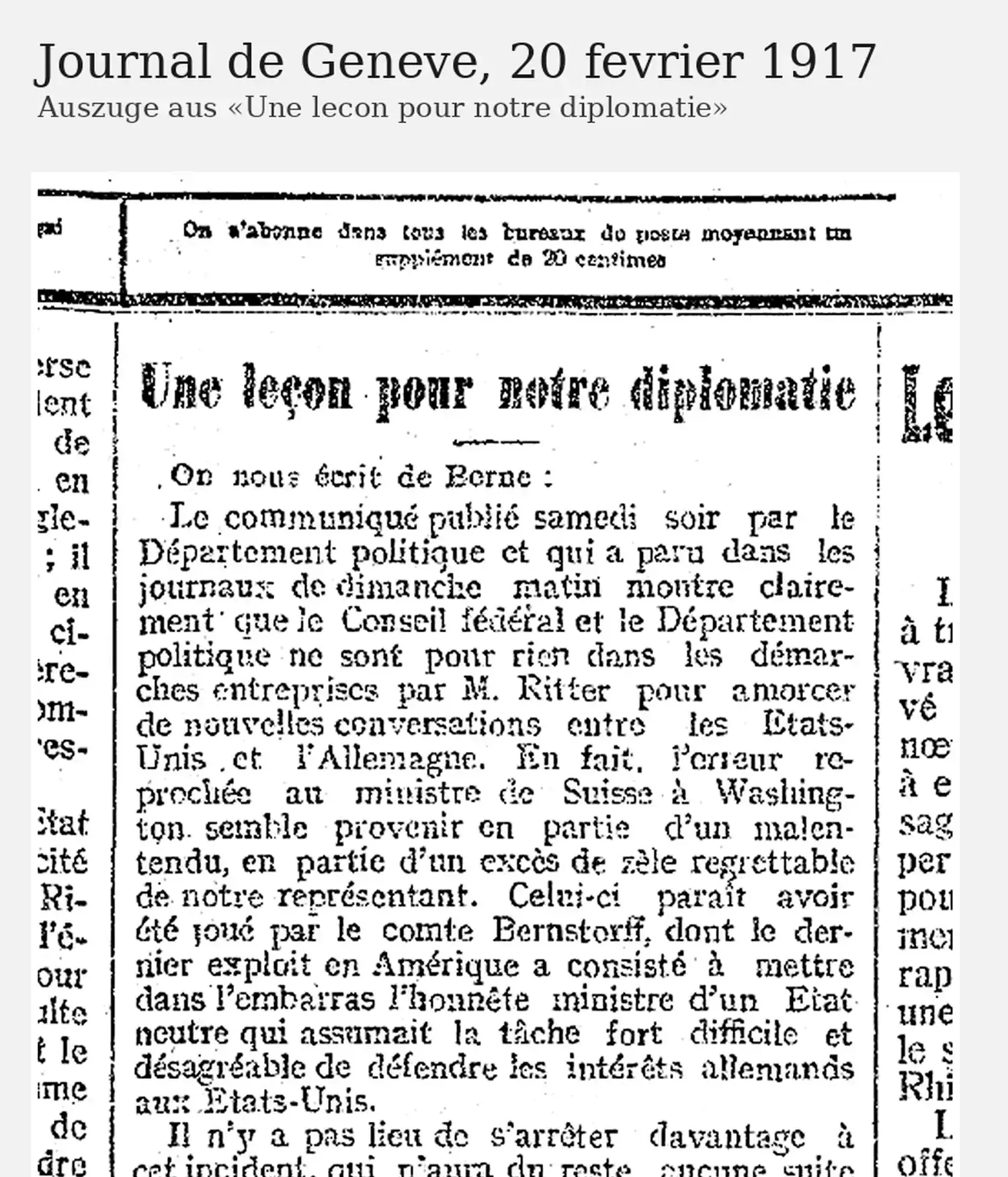 Journal-de-Genève-Artikel vom 20. Februar 1917 über die Ritter-Affäre