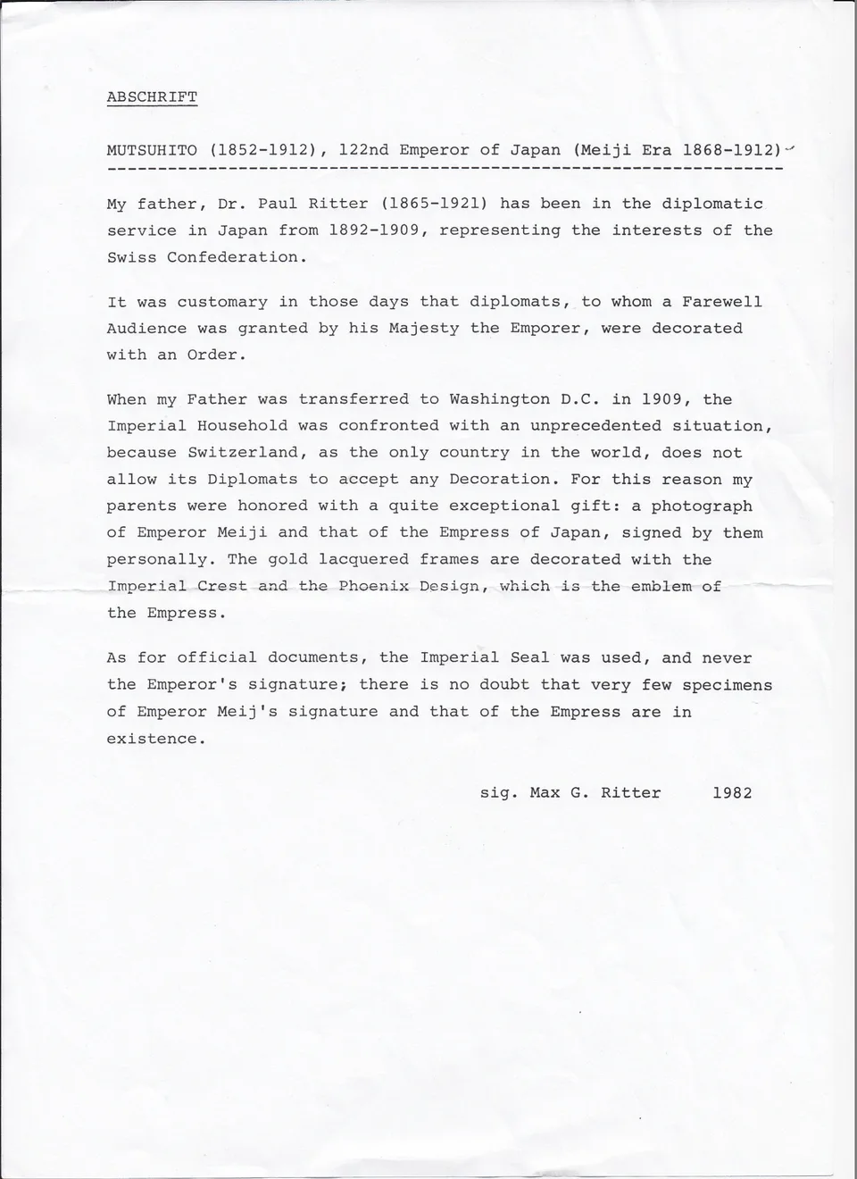 Maschinenschriftliche Stellungnahme von Max G. Ritter aus dem Jahr 1982 zur Herkunft der kaiserlichen Fotografien