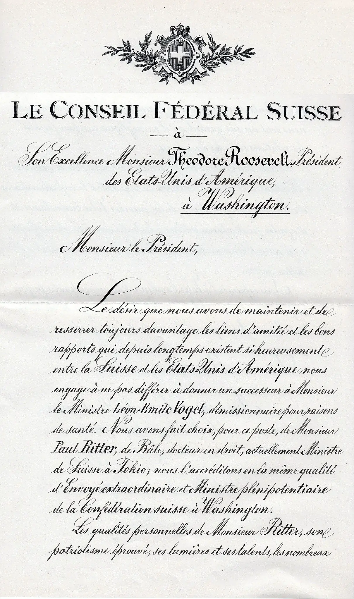 Erste Seite des Beglaubigungsschreibens des Schweizer Bundesrates an Präsident Theodore Roosevelt zur Ernennung Paul Ritters nach Washington