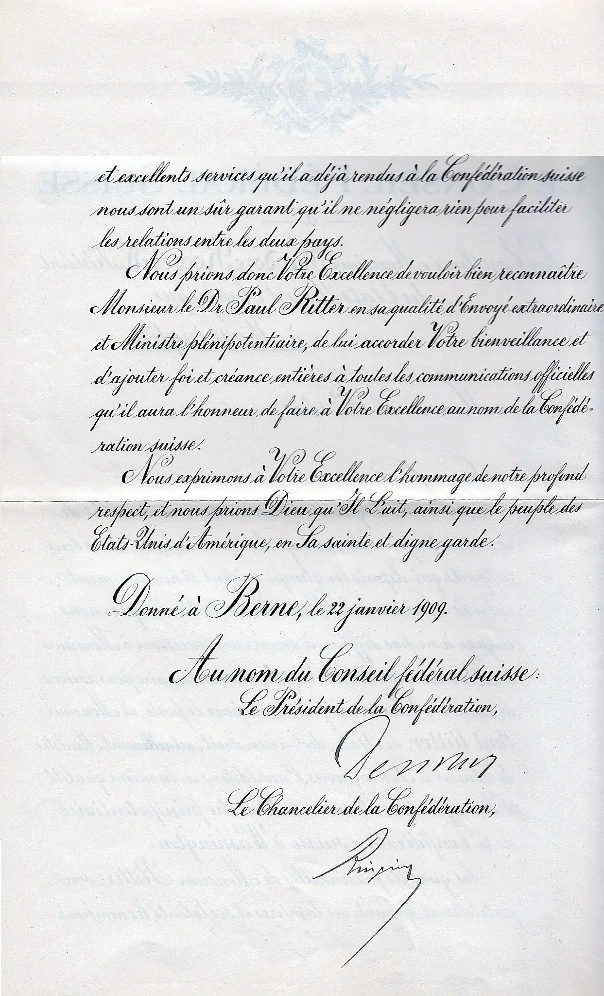 Zweite Seite des Beglaubigungsschreibens des Schweizer Bundesrates an Präsident Theodore Roosevelt zur Ernennung Paul Ritters nach Washington
