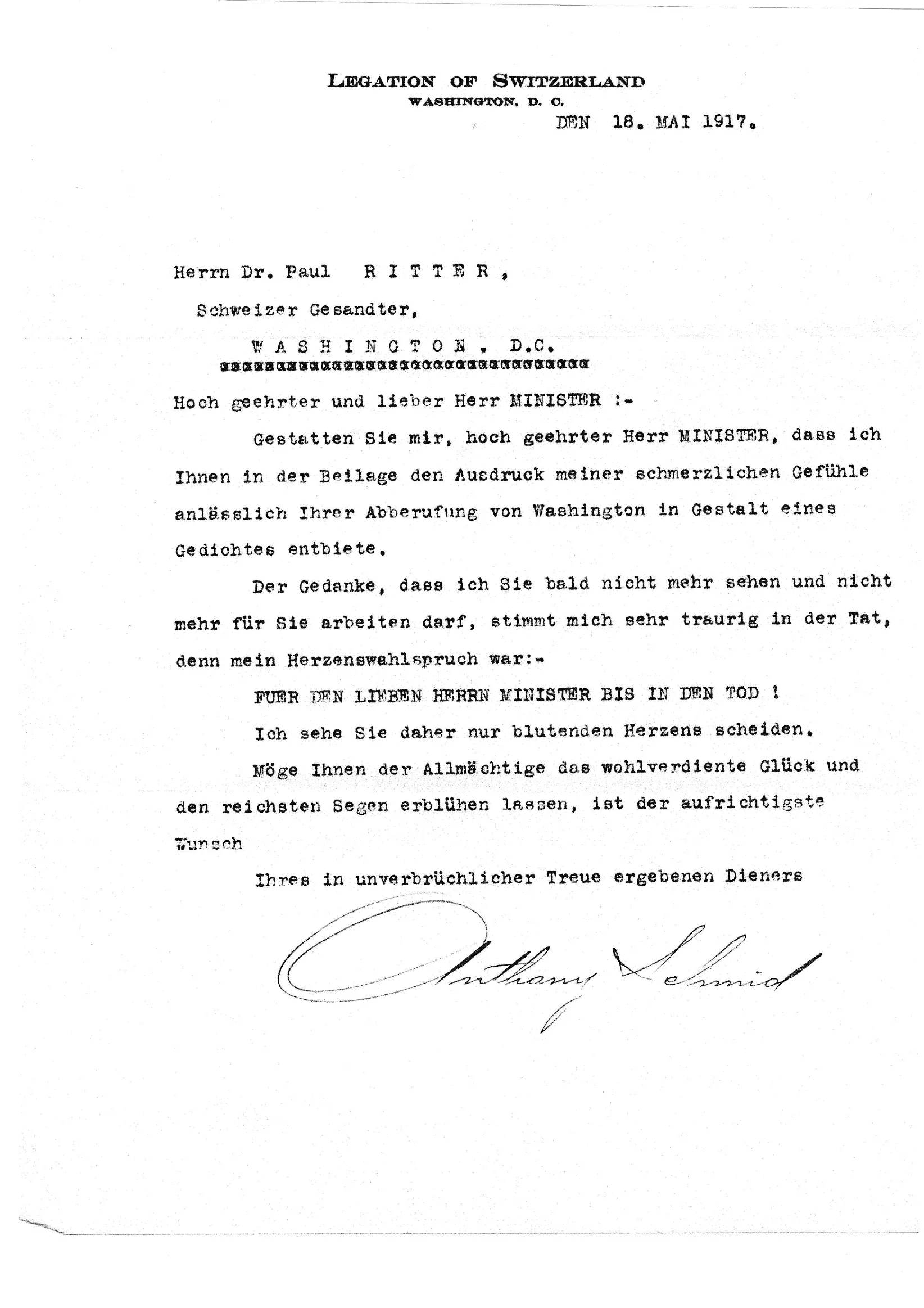 Abschiedsbrief eines Mitglieds der Schweizer Gesandtschaft in Washington an Paul Ritter, 18. Mai 1917